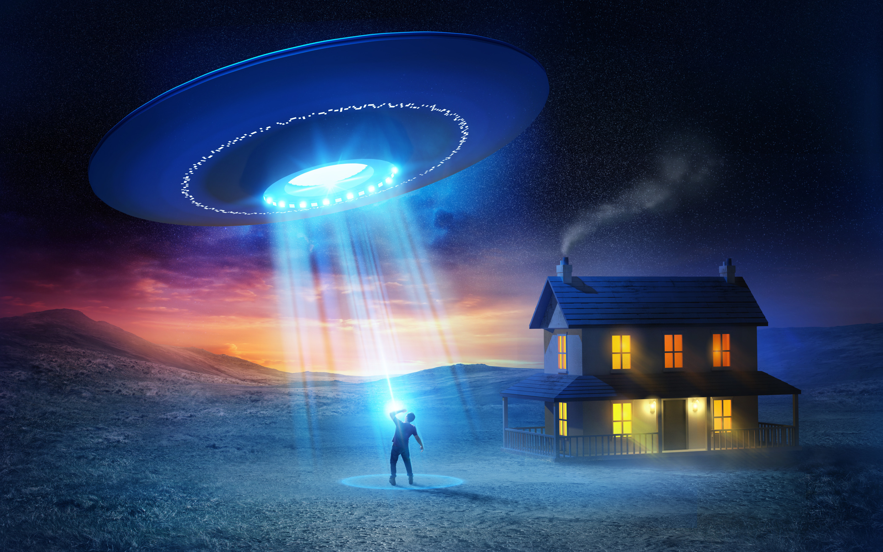 Скачать обои дом, человек, НЛО, UFO, flying saucer, abduction, раздел ситуа...