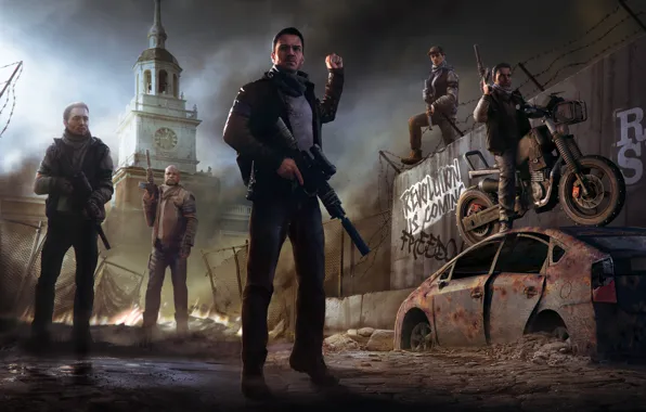 Картинка город, оружие, башня, мотоцикл, солдаты, революция, Homefront: The Revolution