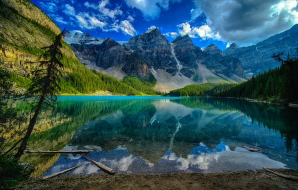 Картинка небо, облака, деревья, пейзаж, горы, озеро, отражение, Канада