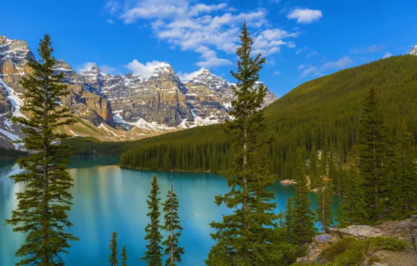 Картинка лес, деревья, горы, озеро, скалы, Канада, Banff National Park, Alberta, Canada, Moraine Lake