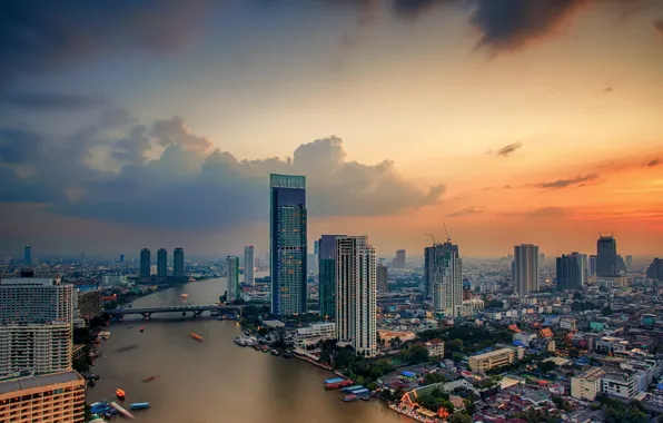 Картинка дорога, небо, облака, мост, city, город, река, здания, Таиланд, Бангкок, Bangkok