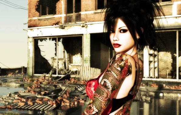 Картинка девушка, дракон, макияж, тату, прическа, разрушенное здание