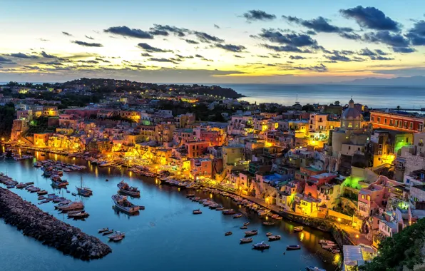 Картинка море, закат, здания, порт, Италия, панорама, набережная, Italy, гавань, Неаполитанский залив, Gulf of Naples, Procida …