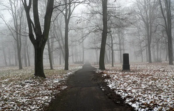 Картинка осень, снег, деревья, туман, тропа, памятник