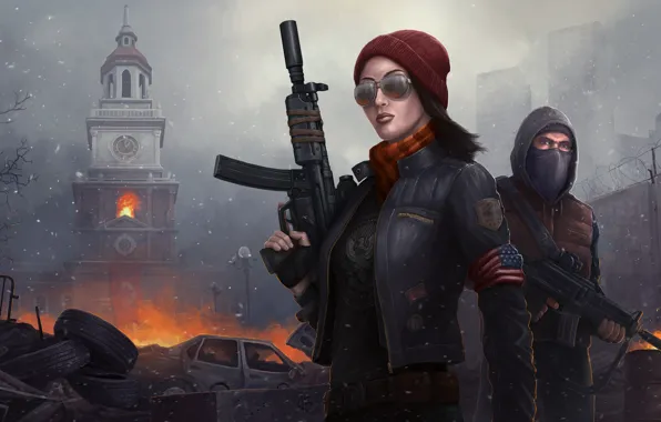 Картинка девушка, оружие, огонь, война, башня, маска, очки, автомат, мужчина, Homefront: The Revolution