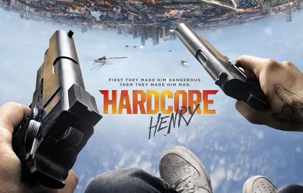Картинка небо, город, фантастика, ноги, пистолеты, вертолеты, руки, боевик, постер, Хардкор, Hardcore Henry