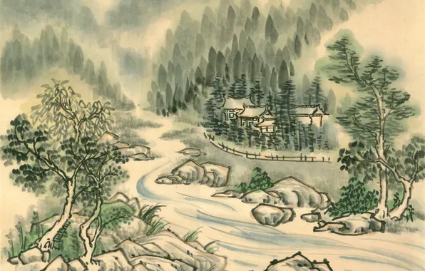 Картинка лес, деревья, река, берег, Япония, деревня, храм, Живопись