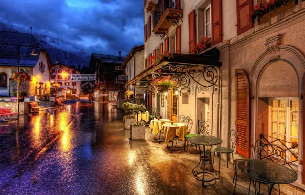 Картинка дорога, улица, здания, дома, Швейцария, кафе, Switzerland, столики, Zermatt, Церматт