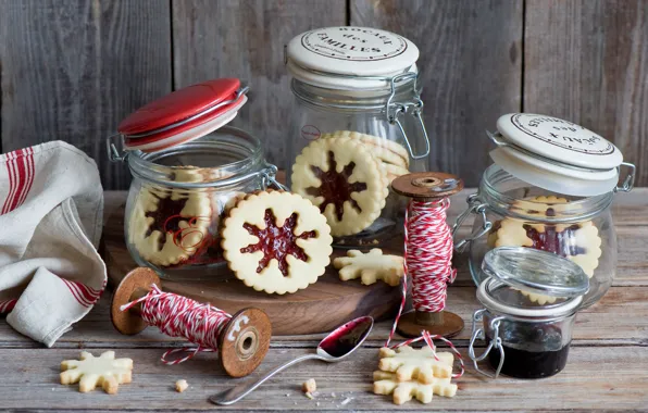Картинка снежинки, еда, печенье, сладости, банки, нитки, джем, варенье, новогоднее