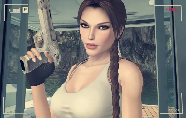 Картинка взгляд, лицо, ресницы, пистолет, оружие, камера, Tomb Raider, Lara Croft
