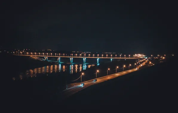 Картинка ночь, мост, город, река, фонари, Россия, Russia, Ока, Калуга, Kaluga