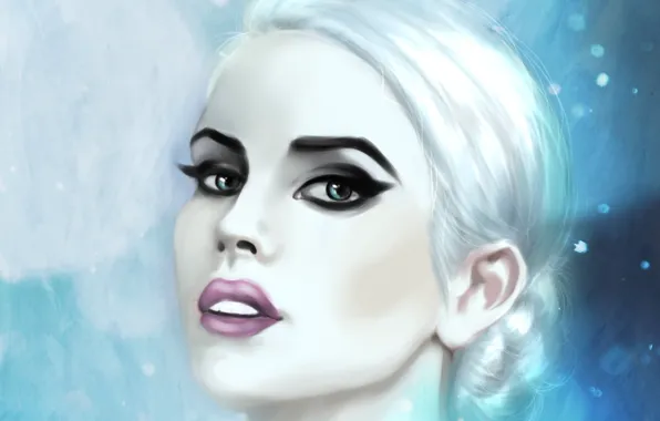 Картинка холод, глаза, взгляд, девушка, снег, лицо, макияж, арт, губы, белые волосы