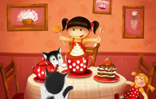 Картинка кошки, стол, чай, рисунок, кукла, пирог, девочка, картины, сладости, торт