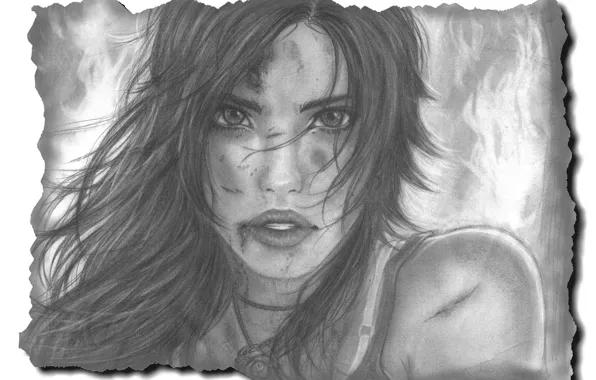 Картинка взгляд, девушка, лицо, волосы, рисунок, арт, губы, Lara Croft, Tomb raider