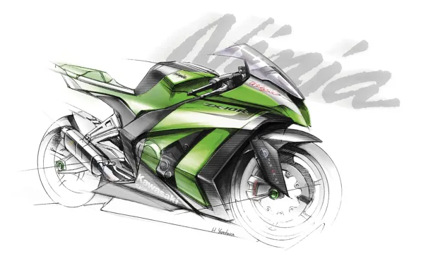 Картинка мотоцикл, Kawasaki, Ninja, скетч, ZX-10R