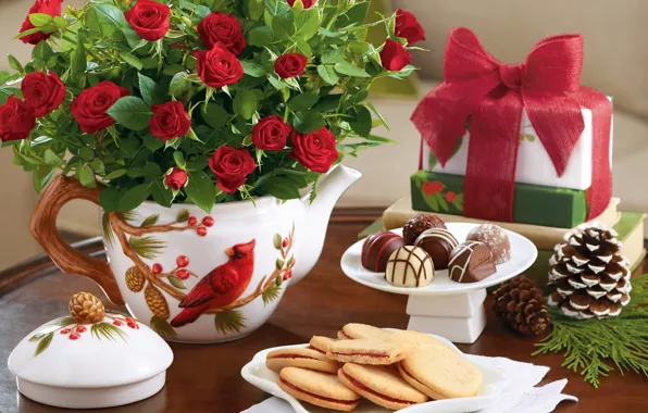 Картинка цветы, стол, шоколад, розы, букет, Новый Год, печенье, Рождество, конфеты, holidays, Christmas, box, flowers, праздники, …