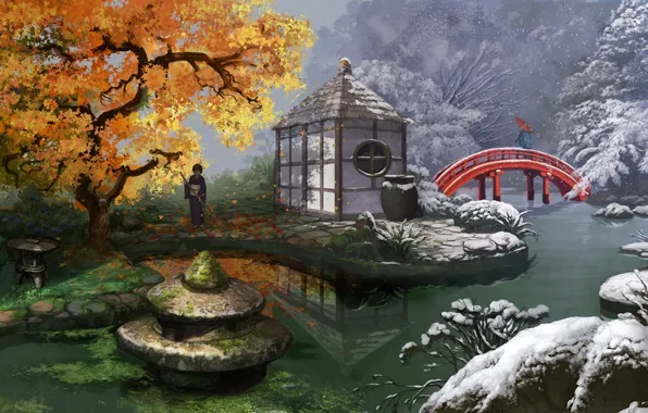 Картинка зима, осень, листья, снег, цветы, мост, пруд, девушки, времена года, азия, зонт, арт, кимоно, mugon, …