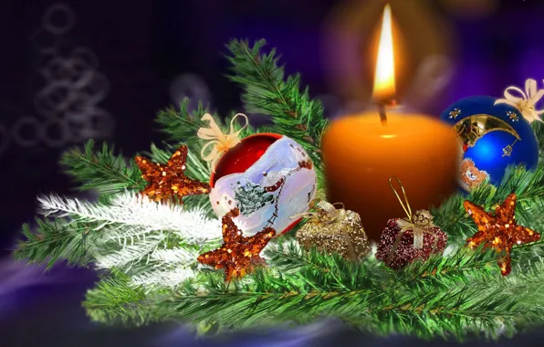 Картинка украшения, огонь, шары, елка, свеча, Рождество, Новый год, ёлка, красочные, новогодняя композиция