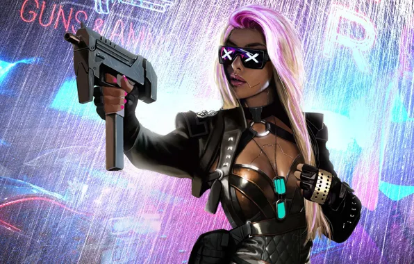 Картинка девушка, оружие, фантастика, очки, блондинка, sci-fi, Cyberpunk