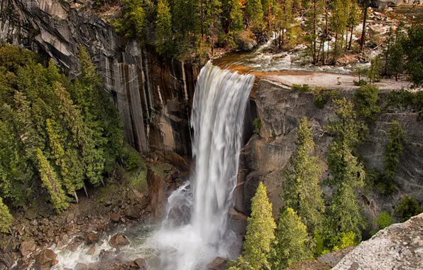 Картинка лес, деревья, скала, камни, водопад, Калифорния, USA, США, Йосемити, California, Yosemite National Park
