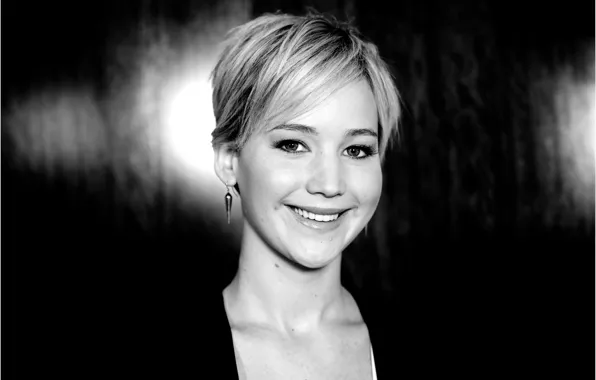 Картинка девушка, лицо, улыбка, актриса, черно-белое, Jennifer Lawrence, Дженнифер Лоуренс