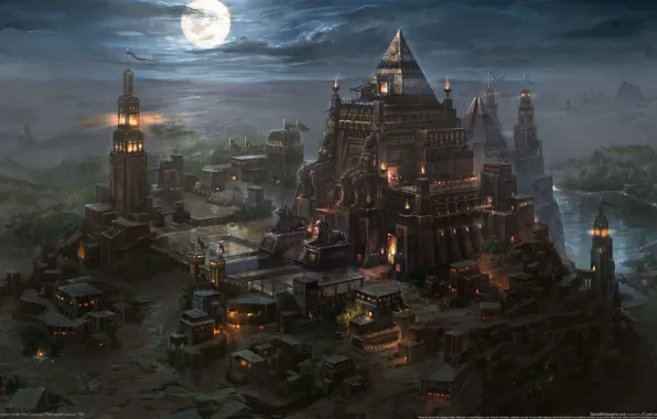 Картинка ночь, город, луна, пустыня, маяк, арт, пирамиды, мавзолей, kingdom under fire