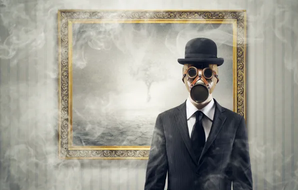 Картинка дым, рама, шляпа, костюм, галстук, противогаз, Сталкер