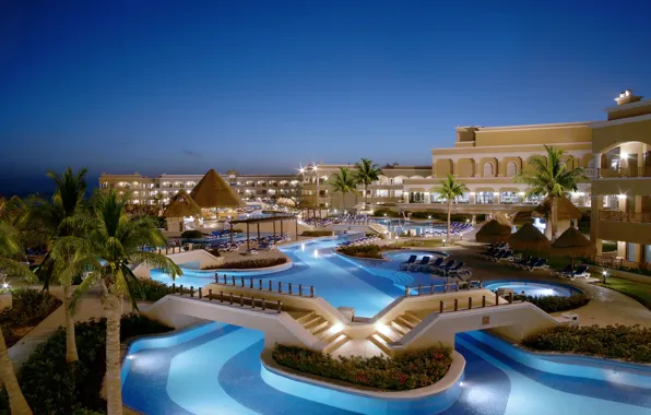 Картинка pool, hotel, exterior, naght, palms.