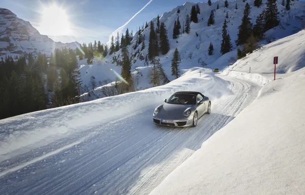 Картинка дорога, солнце, снег, 911, Porsche, Порше, передок