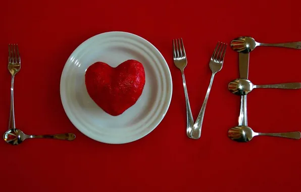 Картинка сердце, тарелка, вилки, ложки