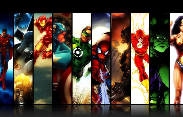 Картинка Wonder Woman, Hulk, Batman, Wolverine, Iron Man, Green Lantern, Captain America, Superman, супергерои, Marvel Comics, …