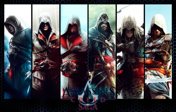 Картинка надпись, коллаж, игра, персонажи, Assassin's Creed