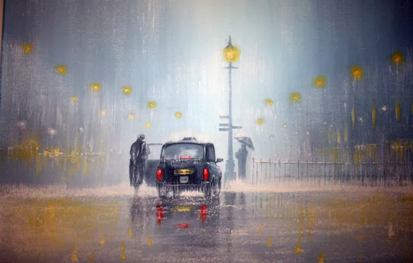 Картинка машина, свет, дождь, фары, человек, зонт, фонари, Jeff Rowland
