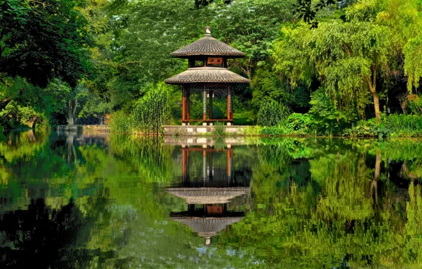 Картинка озеро, пруд, парк, отражение, China, Китай, беседка