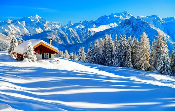 Картинка зима, лес, небо, снег, деревья, горы, природа, дом