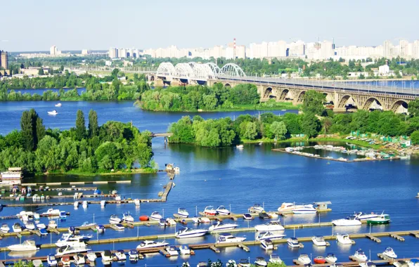 Картинка деревья, мост, город, река, фото, причал, пирс, Украина, Киев