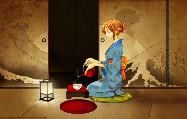 Картинка комната, чай, кимоно, nami, one piece, японская одеда