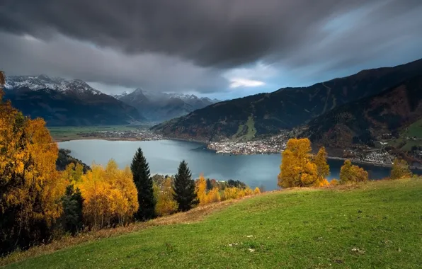 Картинка осень, деревья, горы, озеро, Австрия, Альпы, панорама, Austria, Alps, озеро Целлер Зее, Целль-ам-Зее, Zell am …