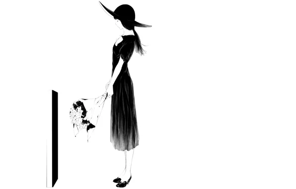 Картинка девушка, букет, шляпа, арт, могила, Sawasawa