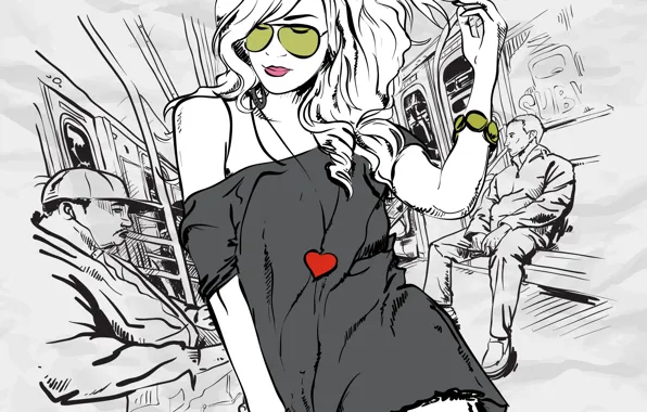 Картинка девушка, стиль, люди, метро, сердце, вектор, очки, кофта, браслеты