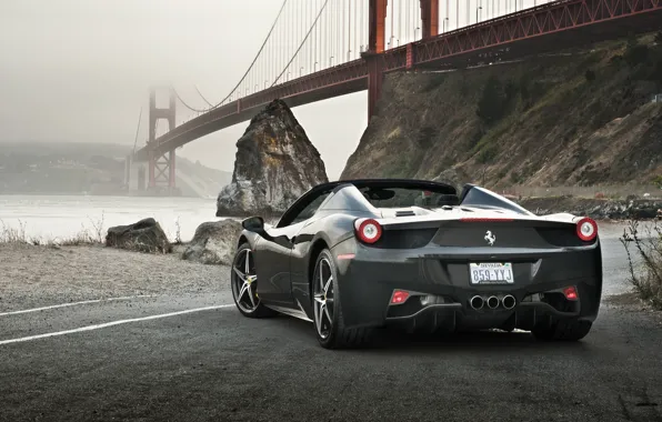 Картинка Ferrari, 458, Bridge, Water, Back, Gray, Spider, Supercar, Rocks