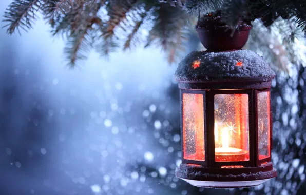 Картинка зима, снег, свеча, фонарь, Новый год, new year, winter, snow, Merry Christmas, candle, lantern, с …