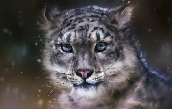 Картинка снег, хищник, арт, леопард, дикая кошка, rong rong