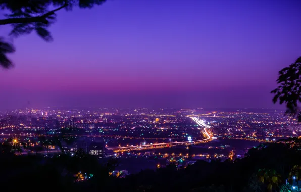 Картинка небо, ночь, город, lights, освещение, панорама, Тайвань, sky, panorama, night, фиолетовое, purple, Taiwan, Taichung City, …