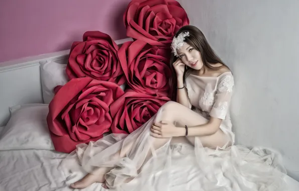 Картинка девушка, цветы, настроение, модель, кровать, розы, платье, азиатка, невеста