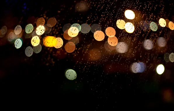 Картинка стекло, капли, макро, ночь, огни, дождь, разноцветные, боке