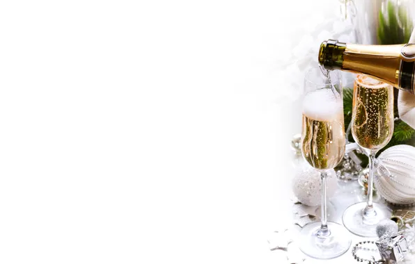 Картинка ветки, шары, бутылка, новый год, рождество, бокалы, ёлка, напиток, декорации, шампанское, праздники, ёлочные украшения