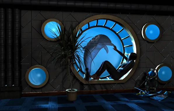 Картинка вода, девушка, дельфин, пальма, рендеринг, комната, окно, иллюминатор, под водой