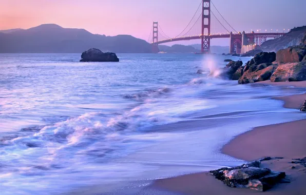 Картинка пейзаж, мост, пролив, камни, сиреневый, берег, вечер, Калифорния, Сан-Франциско, Золотые Ворота, USA, США, Golden Gate …
