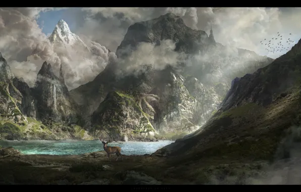 Картинка animals, landscape, mountains, lake, look, deer